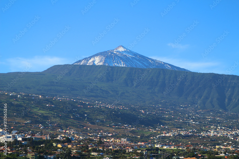 View at the snow covered volcano Teide after severe weather on Tenerife Island (Canary Islands, Spain)