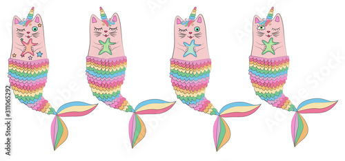 Cute cat unicorn, mermaid. Set of decorative elements, trendy patches, stickers.