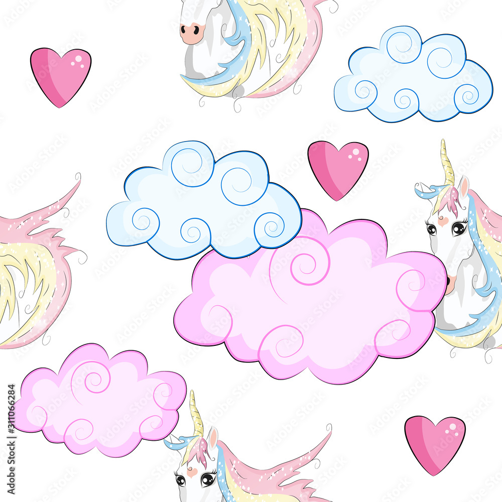 Seamless pattern with trendy cartoon patches. Unicorns, rainbows and hearts.
