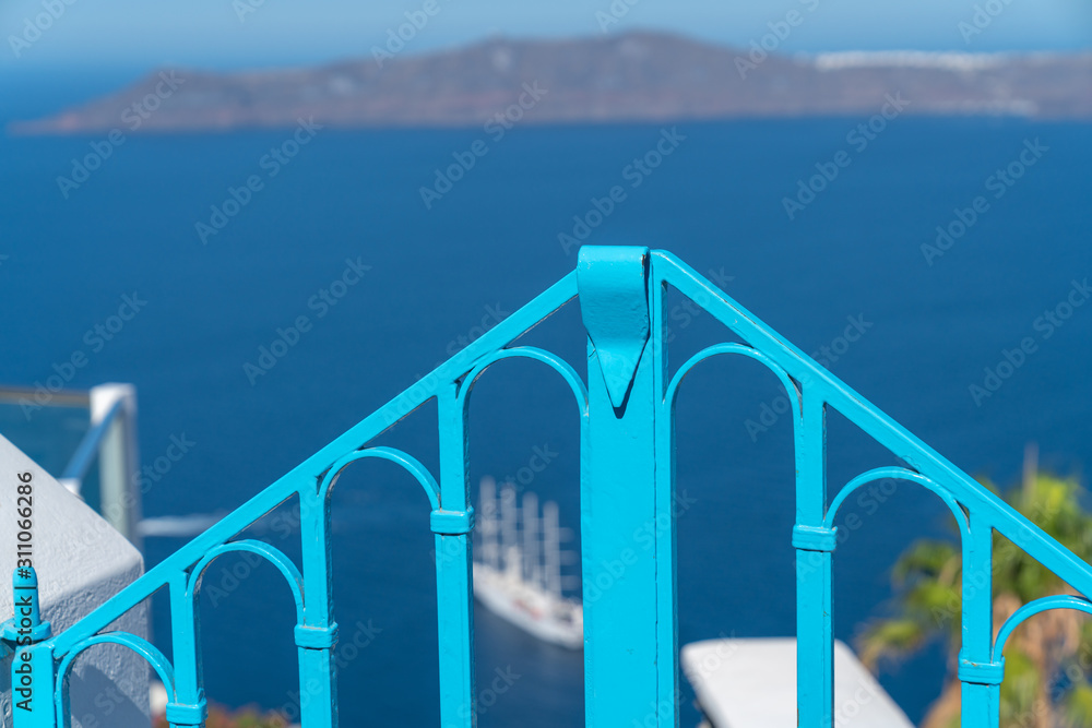 Bright blue barricade made of iron with defocused background Bright blue barricade made of iron with defocused background