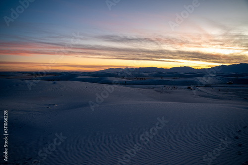 Sun begins to fall over the dunes of White Sands New Mexico. 