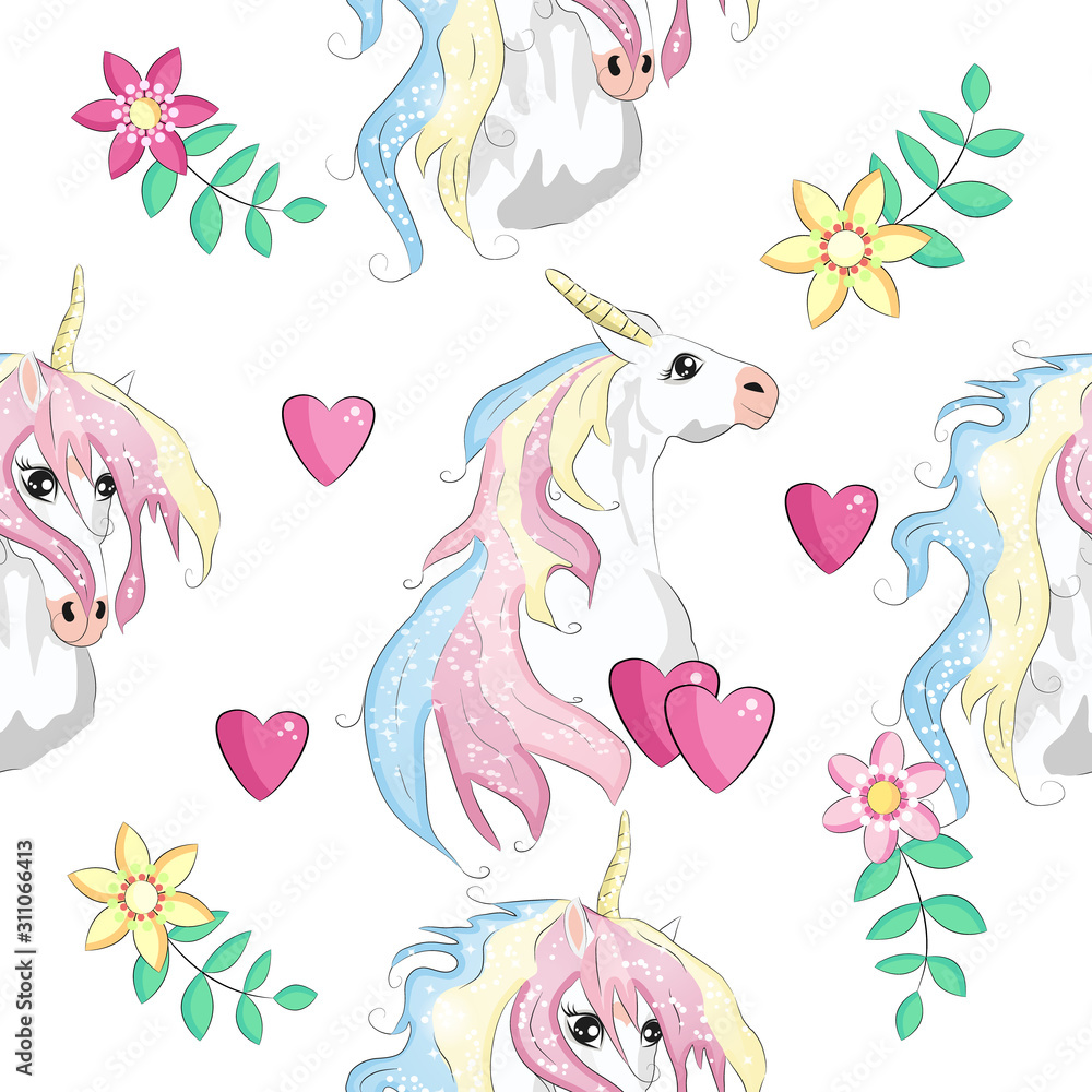 Seamless pattern with trendy cartoon patches. Unicorns, rainbows and hearts. Seamless pattern with trendy cartoon patches. Unicorns, rainbows and hearts.
