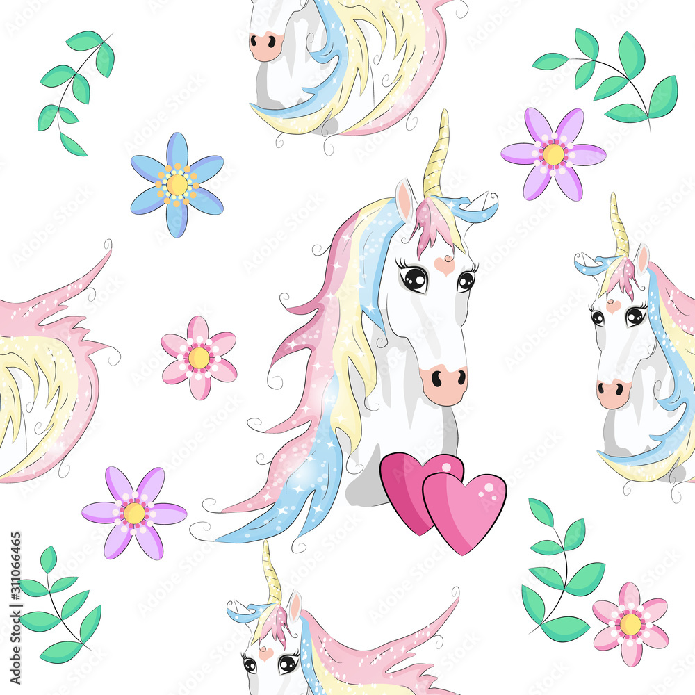 Seamless pattern with trendy cartoon patches. Unicorns, rainbows and hearts. Seamless pattern with trendy cartoon patches. Unicorns, rainbows and hearts.
