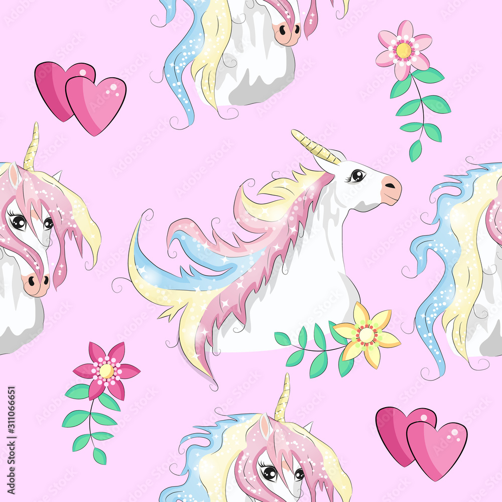 Seamless pattern with trendy cartoon patches. Unicorns, rainbows and hearts. Seamless pattern with trendy cartoon patches. Unicorns, rainbows and hearts.