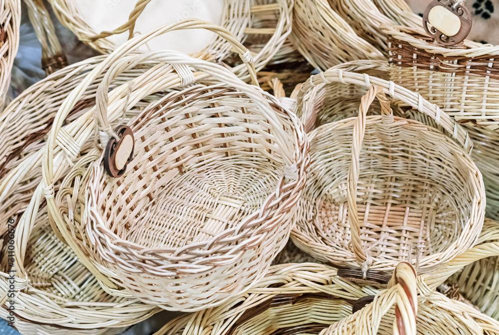 Wicker baskets of different shapes and sizes. Wicker baskets of different shapes and sizes.