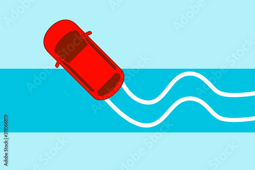 The car rides on a slippery road. Winter accident. Flat design. Vector illustration