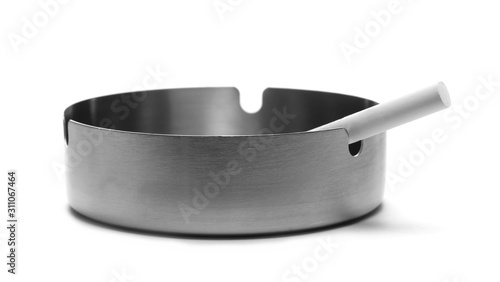 Metal ashtray with cigarette isolated on white background photo