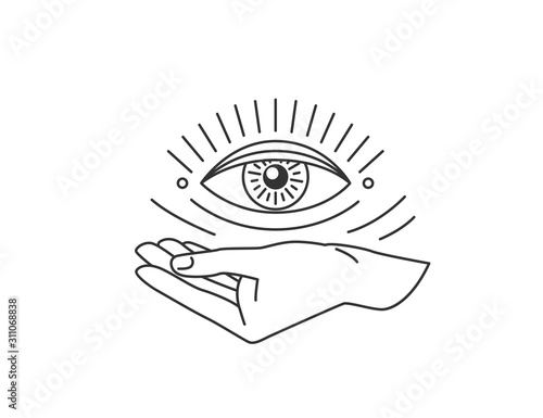 Hand with all-seeing eye design element in simple flat esoteric line style. Vector illustration