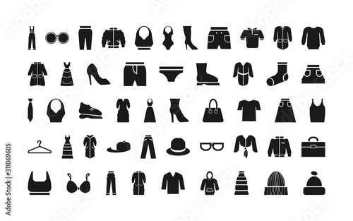 Clothing icon set. Vector power black and white isolated illustration.