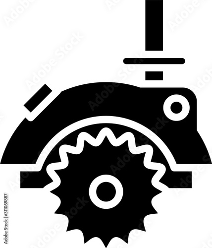 Black Electric circular saw with steel toothed disc icon isolated on white background. Electric hand tool for cutting wood or metal.  Vector Illustration