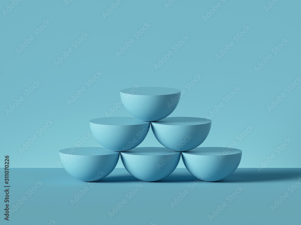 3d render, abstract primitive geometric shapes isolated on blue background. Pyramid, rows of blue hemispheres. Blank platform showcase, podium, empty pedestal. Balance concept. Modern minimal design 3d render, abstract primitive geometric shapes isolated on blue background. Pyramid, rows of blue hemispheres. Blank platform showcase, podium, empty pedestal. Balance concept. Modern minimal design