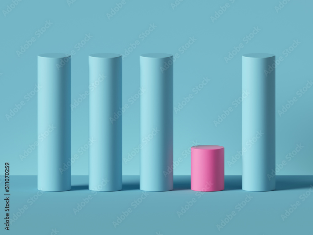 3d render, abstract minimal geometric background. Blue and pink cylinders. Isolated objects, primitive shapes. Profit chart. Business economy, low expenses concept, one of a kind, advantage metaphor. 3d render, abstract minimal geometric background. Blue and pink cylinders. Isolated objects, primitive shapes. Profit chart. Business economy, low expenses concept, one of a kind, advantage metaphor.
