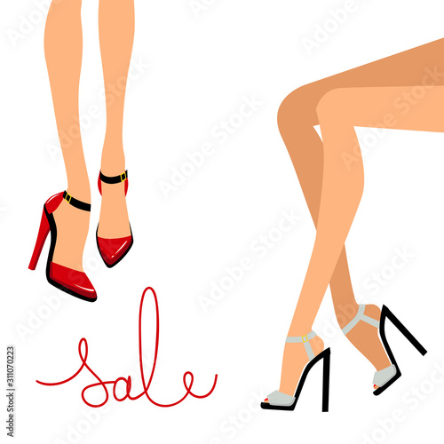 Female feet in different shoes.   woman legs in stylish platform sandals isolated on white background.