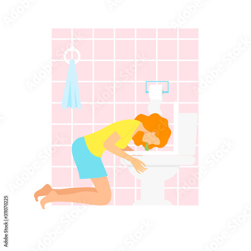 Woman Experiencing Morning Sickness. signs of pregnancy symptoms.woman pukes in the toilet
