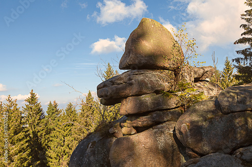 Felsenklippen auf einer Anhöhe im Harz mit Wald an einem Herbsttag