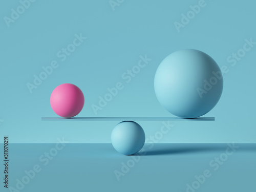 Fototapeta 3d render, balancing balls placed on scales or weigher, isolated on blue background