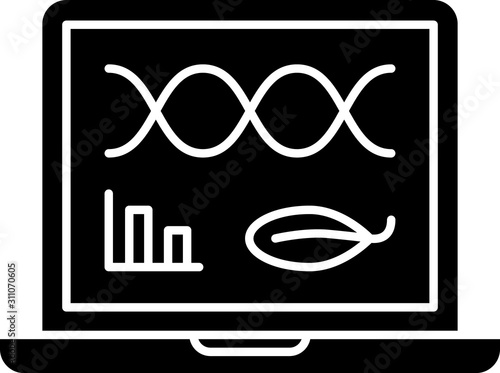 Black Genetic engineering modification on laptop icon isolated on white background. DNA analysis, genetics testing, cloning.  Vector Illustration