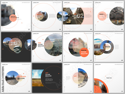 Minimal brochure templates with orange color circles, round shapes. Covers design templates for square flyer, leaflet, education brochure, report, presentation, advertising, magazine, school project.