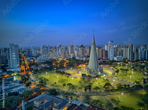Aerial View of Maringa, Cathedral and downtown. Several buildings. Paraná, Brazil. photo