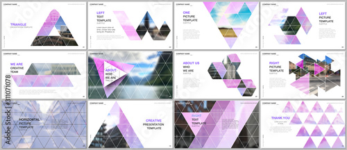 Minimal presentations design, portfolio vector templates with triangular design background, triangle style pattern. Multipurpose template for presentation slide, flyer leaflet, brochure cover, report.