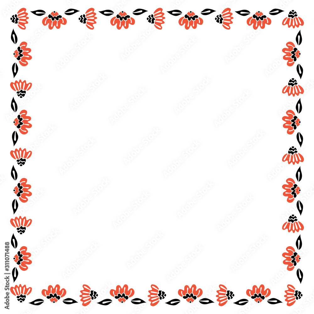 Square isolated frame of black and red abstract flowers in Scandinavian style on a white background. Vector.