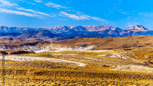 The white hills along Highway 6, east of the Sierra Nevada Mountains, being mined for Diatomite minerals near Basalt, Nevada, United States © hpbfotos