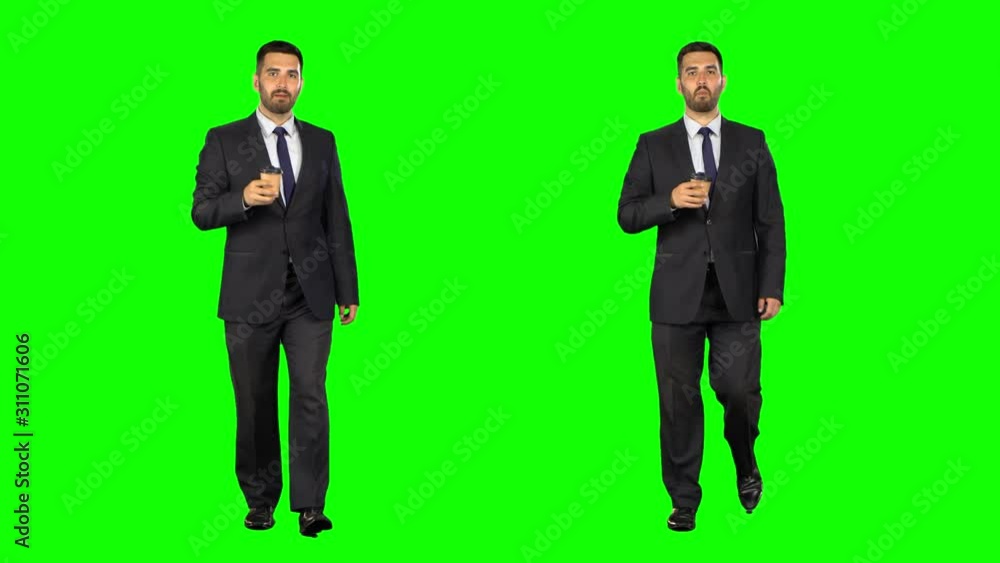 Businessman walking and drinks coffee. isolated green screen background. Two takes.