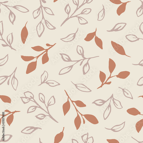 Elegant modern botanical branches and leaves in neutral earth tones of beige  gray  and terra cotta. Romantic seamless vector pattern for stationery  packaging  fabric  home decor  wrapping paper.