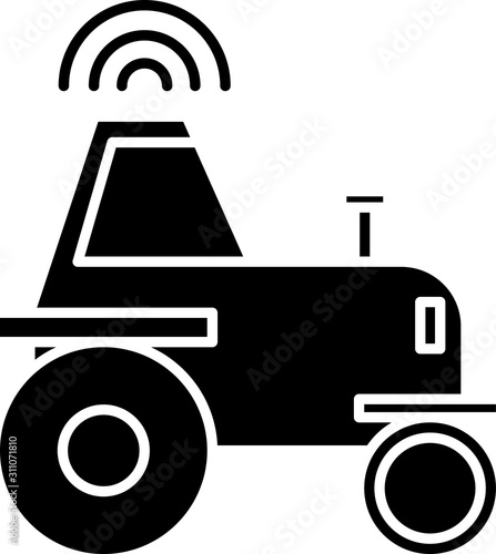Black Self driving wireless tractor on a smart farm icon isolated on white background. Smart agriculture implement element.  Vector Illustration