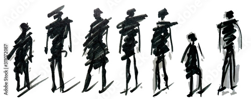 Set of pedestrians figure different poses, hand drawn marker sketch. Template for drawing аnd scetch eps10 vector illustraion.