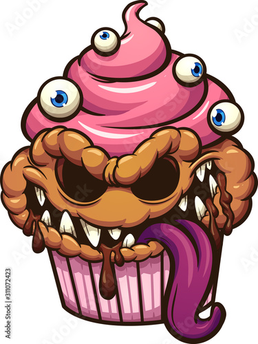 Cupcake monster with evil smile cartoon clip art. Vector illustration with simple gradients. All on a single layer.