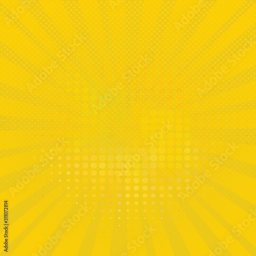 Circle halftone pattern / texture.Monochrome round hot yellow dots in circle.Decreasing abstract vector points wallpaper.Pop art abstract dotted polka dots spherical comic background with sun rays.