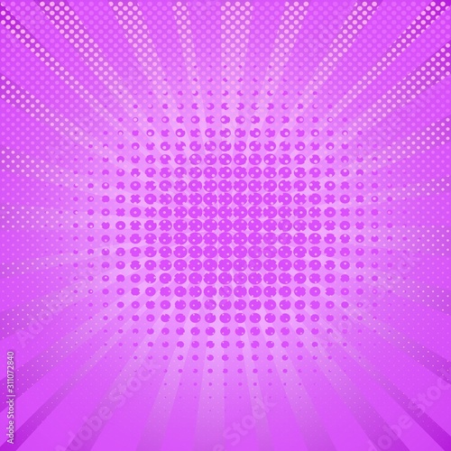 Pink purple disco halftone pattern / texture.Monochrome round dots in circle.Decreasing abstract points wallpaper.Pop art bright dotted polka dots spherical comic poster background with sun rays 