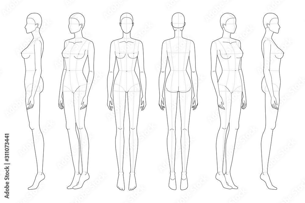 Fashion template 9 head for technical drawing with main lines. Fashion template 9 head for technical drawing with main lines.