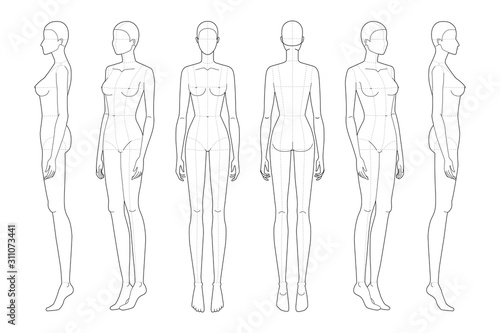 Fashion template 9 head for technical drawing with main lines. 