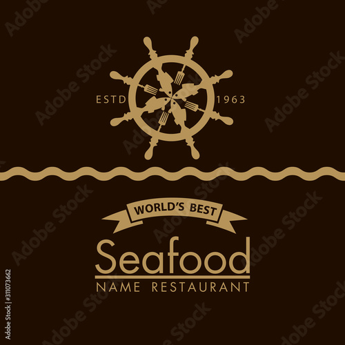 seafood menu design with fish and helm on black backgraund