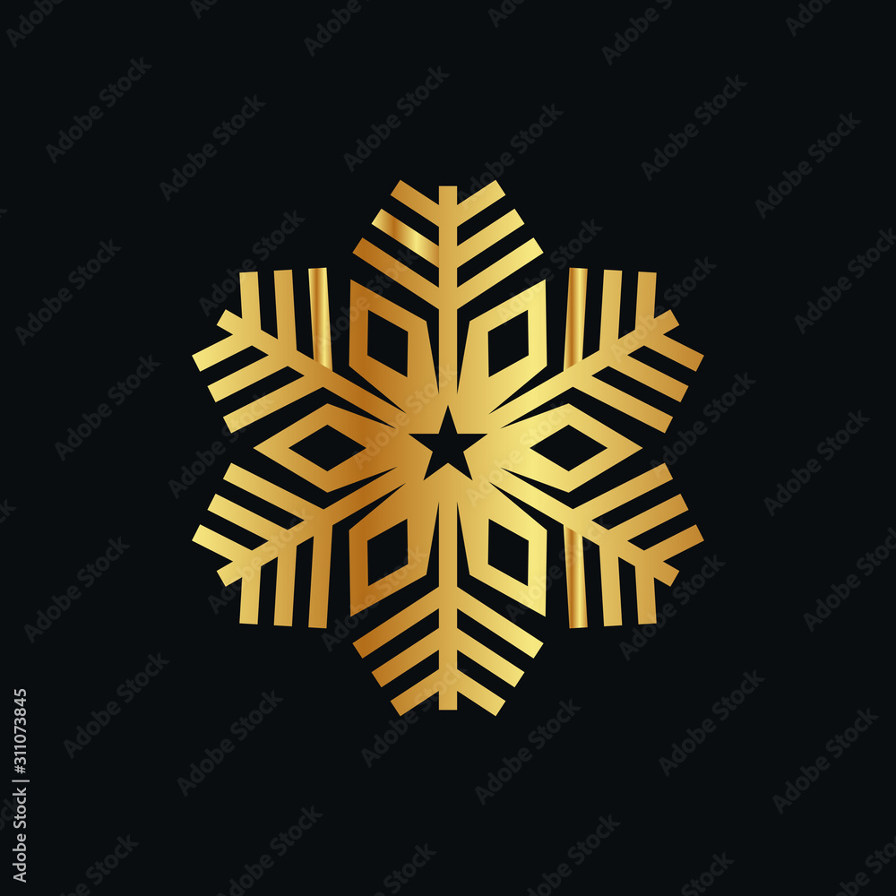 Cute Snowflake Icon vector, Christmas Holiday Winter snowflake Logo Design. Gold Snowflake Vector illustration with black Background. Cute Snowflake Icon vector, Christmas Holiday Winter snowflake Logo Design. Gold Snowflake Vector illustration with black Background.