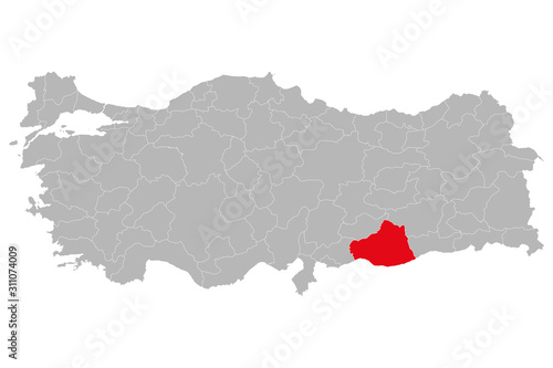Sanliurfa province marked red color on turkey political map vector. Gray background.