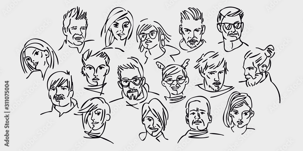 Fototapeta premium Group of people. Lots of different avatars. Portraits of men and women. Black and white flat people character design. Line graphics. vector