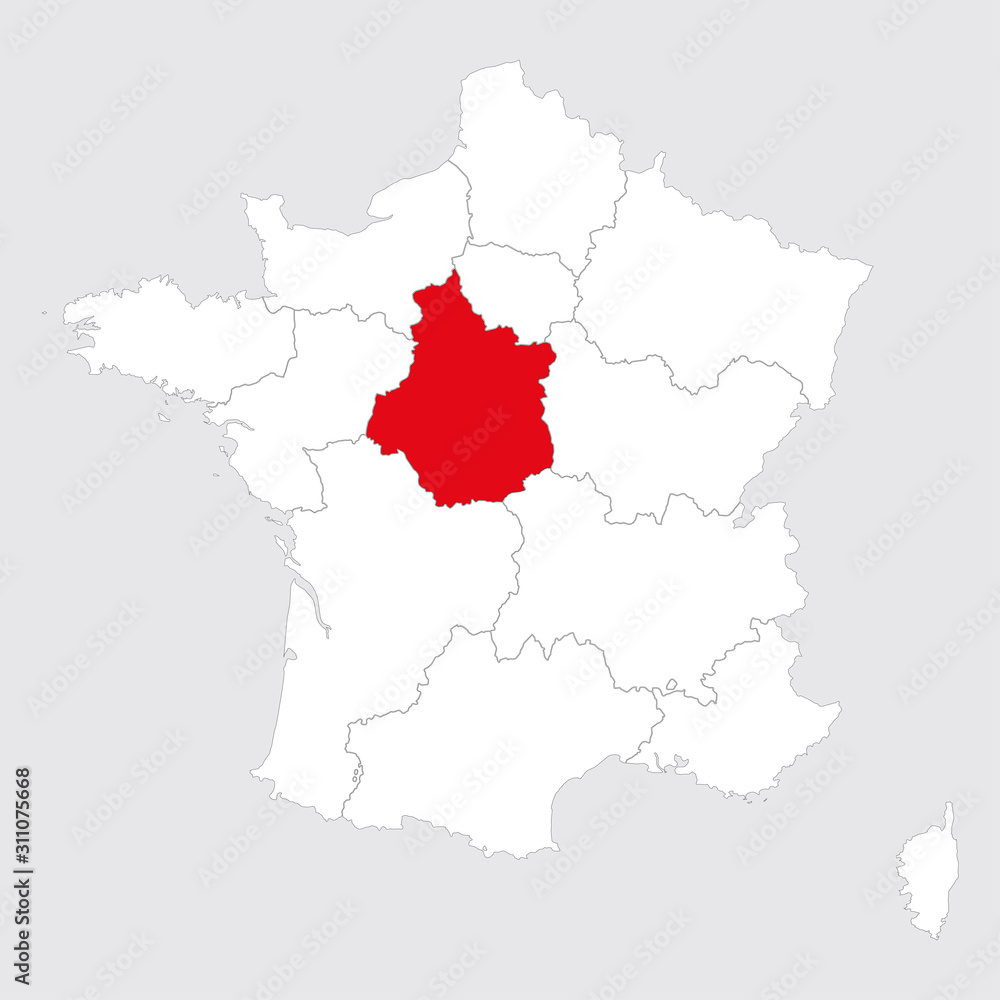 Center val de loire province highlighted red on france map. Gray background.