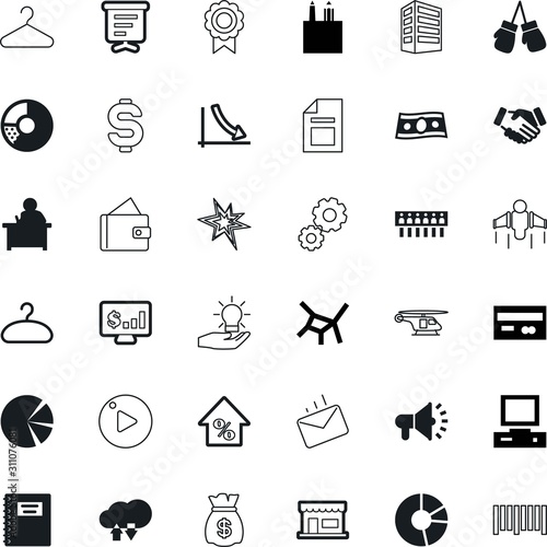 business vector icon set such as: fitness, ball, envelope, charts, risk, fight, mechanical, receive, spark, megaphone, database, mailing, funny, siren, saving, globe, sky, note, urban, boutique