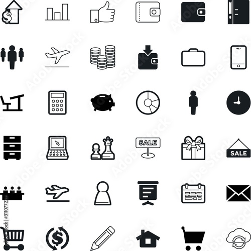 business vector icon set such as: calculator, logo, parcel, pencil, wall, plan, meeting, worker, growing, idea, interview, conference, equipment, shoulders, anniversary, community, desk, present