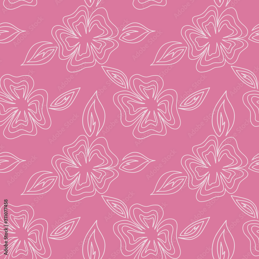 Fantasy floral hand drawn seamless pattern. Line flowers and leaves on pink background. Good for fabric, textile, wrapping paper, wallpaper, kitchen design, packaging, paper, print, etc. Fantasy floral hand drawn seamless pattern. Line flowers and leaves on pink background. Good for fabric, textile, wrapping paper, wallpaper, kitchen design, packaging, paper, print, etc.