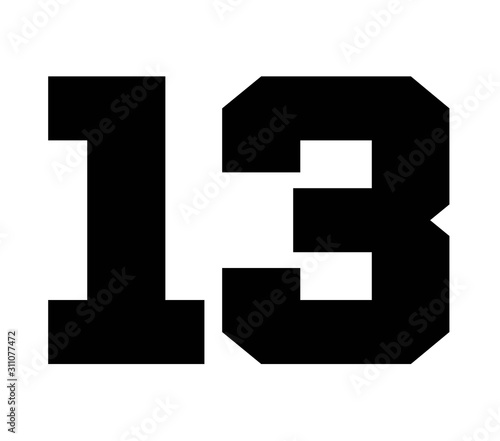 13,Classic Vintage Sport Jersey Number, Uniform numbers in black as fat fonts, number. For American football, baseball or basketball and ice Hockey.