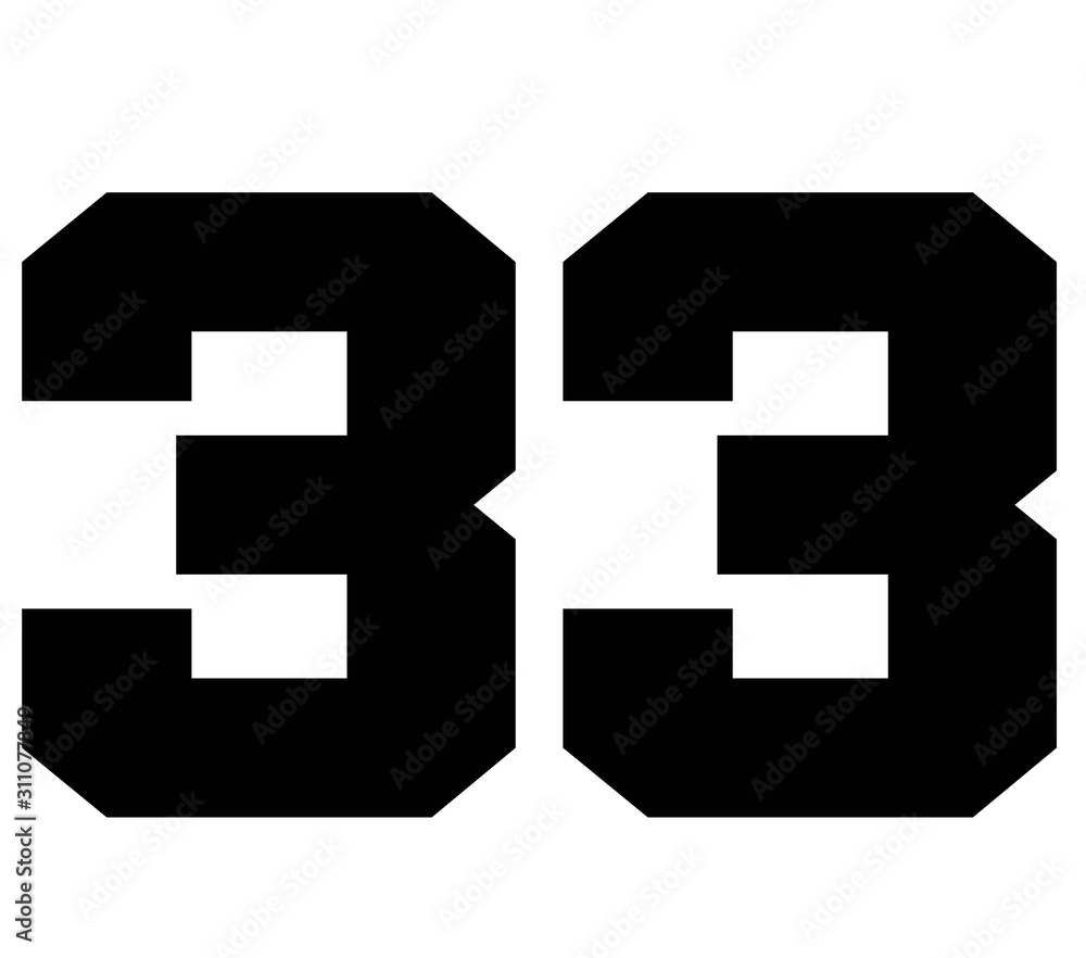33,Classic Vintage Sport Jersey Number, Uniform numbers in black as fat  fonts, number. For American football, baseball or basketball and ice  Hockey. Stock Illustration