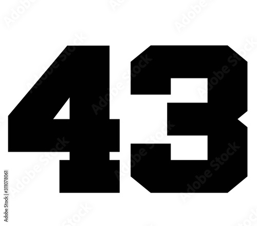 43,Classic Vintage Sport Jersey Number, Uniform numbers in black as fat fonts, number. For American football, baseball or basketball and ice Hockey.