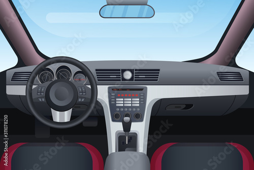 Automobile black and red interior vector illustration. Control panel and windscreen view from front seats. Dashboard and steering wheel in car. Inside look of vehicle with mechanical transmission