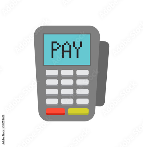 Vector payment machine and credit card. POS terminal confirms the payment by debit credit card, invoce. Vector illustration in flat design. NFC payments concept. Isometric NFC payments concept