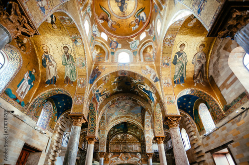 Byzantine mosaics inside the famous 12th century Martorana cathedral on 12th century walls  Palermo. Sicily.