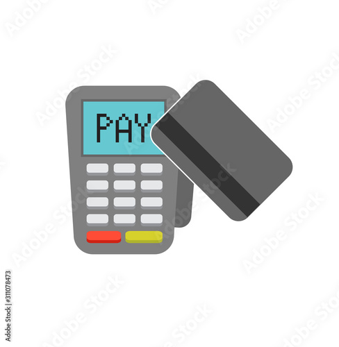 Vector payment machine and credit card. POS terminal confirms the payment by debit credit card, invoce. Vector illustration in flat design. NFC payments concept. Isometric NFC payments concept